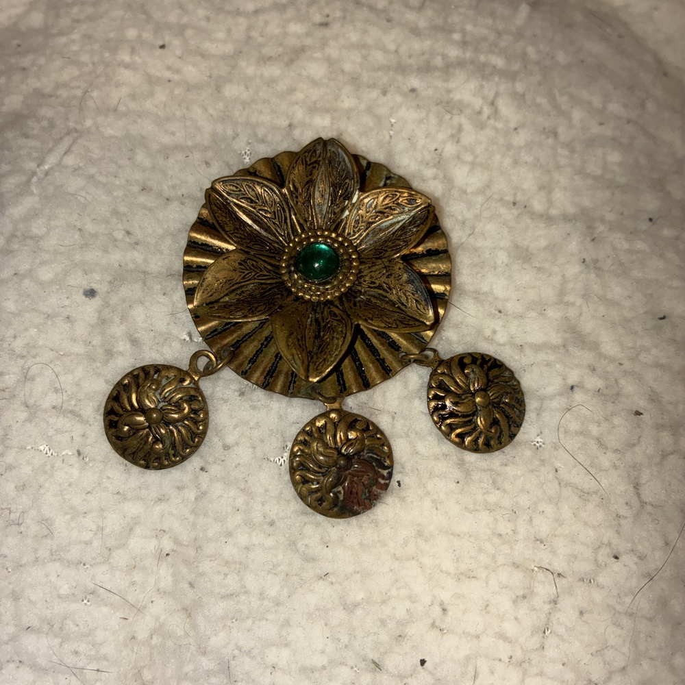 Gold Floral Pendant with Green Accent